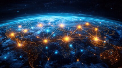 Global interconnected digital network visualization with bright points and connecting lines illustrating worldwide communication and technology infrastructure