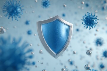 Fototapeta premium Metallic shield protecting against viruses and germs on light blue backdrop with reflective spheres, concept for healthcare protection, immune system support and medical defense