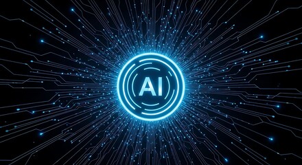 Glowing blue ai logo with digital circuit board background, representing artificial intelligence and technology