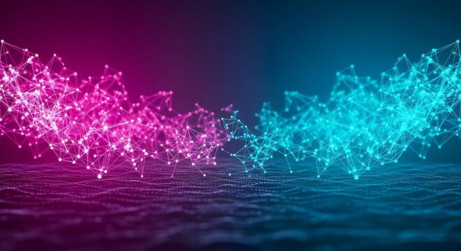 Abstract network of glowing pink and blue particles connected by lines, representing data flow and digital connections