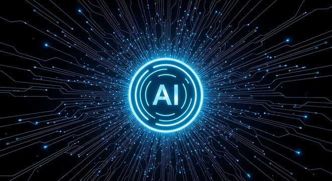 Glowing blue ai logo with digital circuit board background, representing artificial intelligence and technology