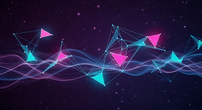 Abstract digital network of glowing geometric shapes and wavy lines against a dark, starry background