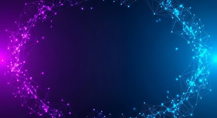 Abstract glowing particles forming a circular frame with vibrant pink and blue lights on a dark background, symbolizing connection and technology
