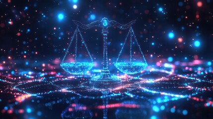 Futuristic digital hologram of a balanced weighing scale representing justice in a cosmic space environment with glowing particles and vibrant blue and pink tones