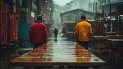 Two People Walking Under Rainy Weather on City Street Du Evening with Trains and Workers, Moody Urban Scene with Wet Pavement and Overcast Sky