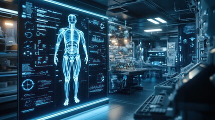 Advanced futuristic laboratory with holographic human anatomy display and high-tech equipment in a modern science research facility