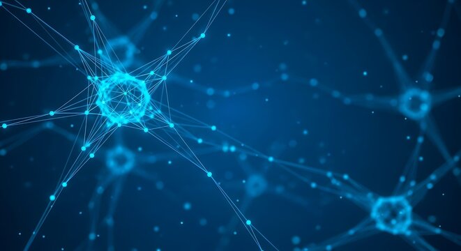 Abstract visualization of interconnected neural network pathways, representing brain activity and complex data transmission in blue