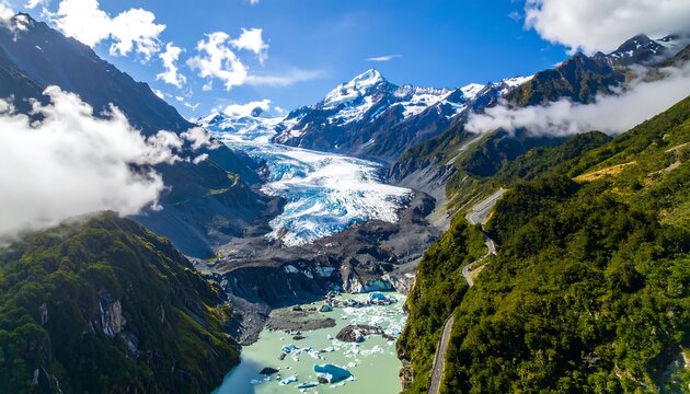 Aerial view showcases a turquoise glacial lake with icebergs, a towering glacier, and lush green mountains under a bright sky - Powered by Adobe