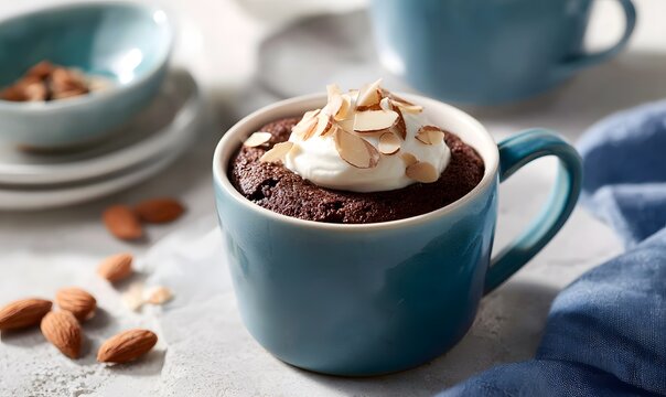 The freshly cooked chocolate almond mug cake rests on the white stone countertop, still warm in its mug