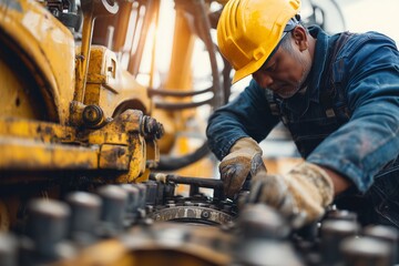 Obraz premium Focused heavy equipment mechanic repairs a machine wearing protective gloves and a yellow hardhat. Concept for industrial maintenance, machinery repair and heavy construction equipment