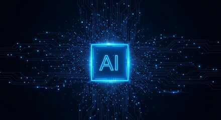 Abstract glowing blue ai chip with intricate circuitry and data streams, representing artificial intelligence and technology