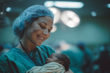 Smiling female doctor holding a newborn baby in her arms inside operating room at hospital. Concept for childbirth, gynecology and pediatric care, maternal health