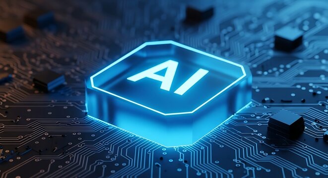 Glowing blue ai logo on a circuit board, representing artificial intelligence and technology