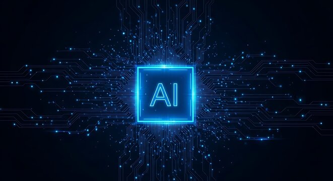 Abstract glowing blue ai chip with intricate circuitry and data streams, representing artificial intelligence and technology