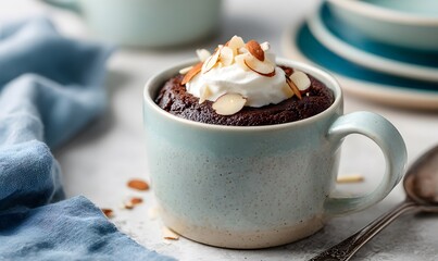 The freshly cooked chocolate almond mug cake rests on the white stone countertop, still warm in its mug
