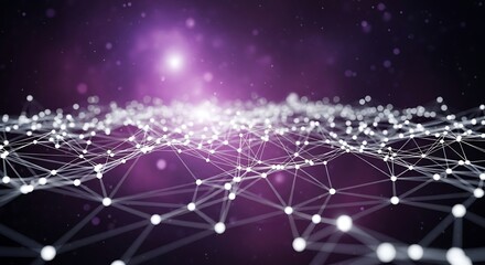 Abstract network of glowing nodes and lines, representing data connections and digital communication in a futuristic cyberspace