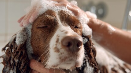 Close up of a Springer Spaniel's face being washed with foamy soap, eyes closed in relaxation. Concept for pet care products, animal hygiene and the promotion of responsible pet ownership