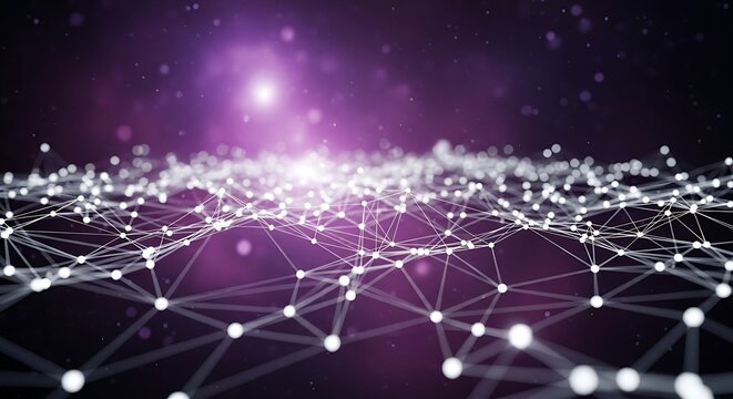 Abstract network of glowing nodes and lines, representing data connections and digital communication in a futuristic cyberspace