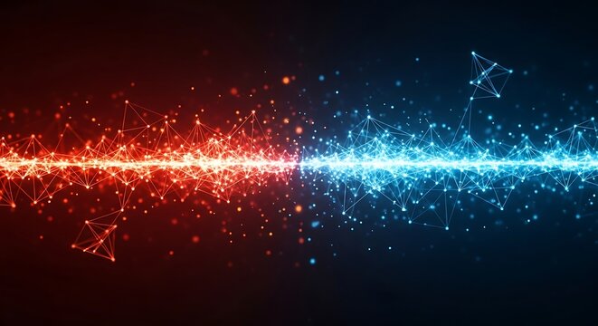 Abstract visualization of red and blue particles colliding and merging in a dark, futuristic digital space, representing energy and data flow