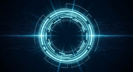 Futuristic blue circular interface with glowing lines and digital elements on a dark background, representing technology and data