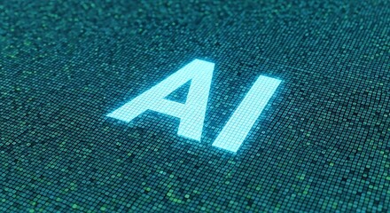 Glowing blue ai text superimposed on a digital background of tiny green squares, representing artificial intelligence and technology