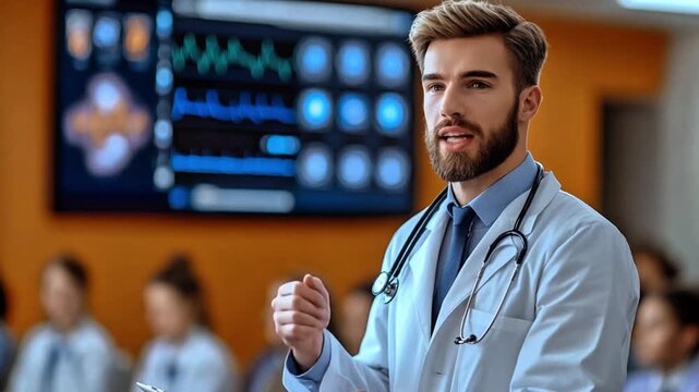 Confident young male doctor or medical researcher presenting scientific data during a lecture or conference with digital graphs displayed on a high-tech screen.