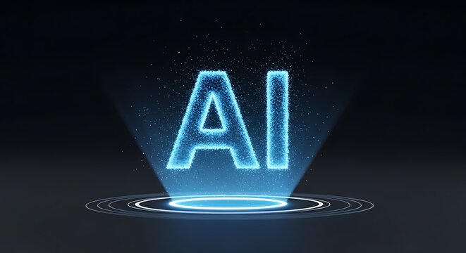Futuristic ai hologram glowing with blue particles on a dark background, symbolizing artificial intelligence and technology