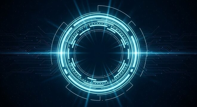 Futuristic blue circular interface with glowing lines and digital elements on a dark background, representing technology and data