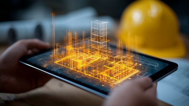 Hands holding tablet displaying glowing building design lines with construction plan, concept for architectural visualization, project management and virtual reality in construction