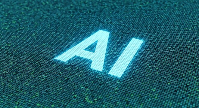 Glowing blue ai text superimposed on a digital background of tiny green squares, representing artificial intelligence and technology