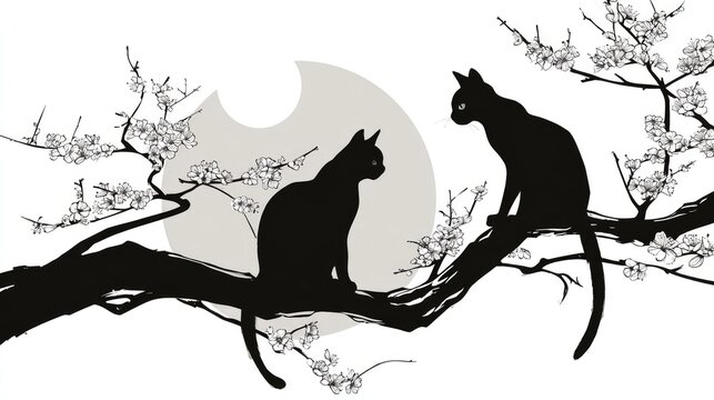Two black cats sit on cherry blossom branches against a soft moonlit sky.