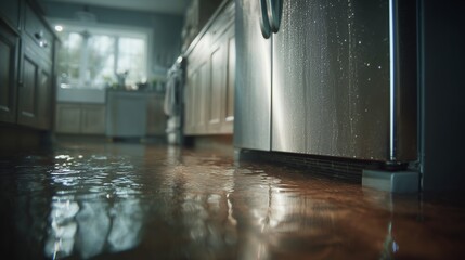 Water flooded on kitchen wood floor near a refrigerator with drops running down its metallic surface. Concept for property damage, plumbing failure and appliance malfunction