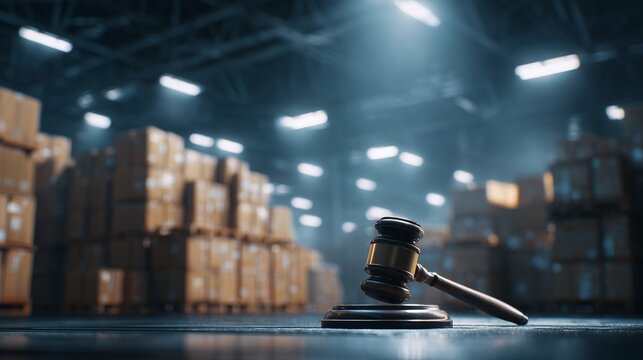 Gavel on reflective surface in a warehouse with stacked boxes illuminated by industrial lighting, concept for supply chain disputes, customs violation and industrial litigation