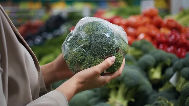 A woman carefully examines fresh broccoli at a supermarket, surrounded by various produce. The scene showcases a mindful selection process Stock Video - Powered by Adobe