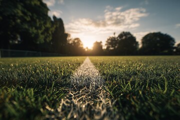 Close-up of a vibrant green sports field with a white boundary line stretching into the distance under a soft sunset sky, concept for sports field background, athletic competition and outdoor