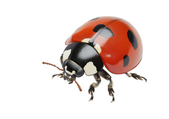Fototapeta premium Isolated on transparent background, a vibrant ladybug with red and black spots sits in profile, showcasing its iconic pattern and delicate features