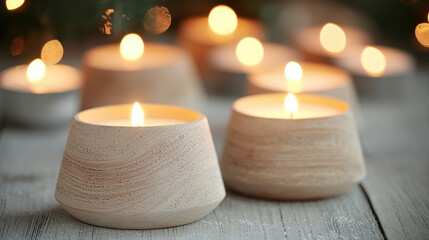 Christmas candlelight glows warmly in wooden holders on rustic table creating cozy festive atmosphere with soft bokeh lights in background