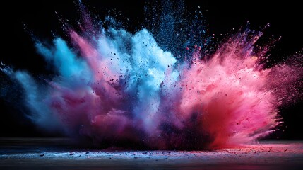 Vibrant clouds of cyan and magenta pigment burst dramatically against a dark background