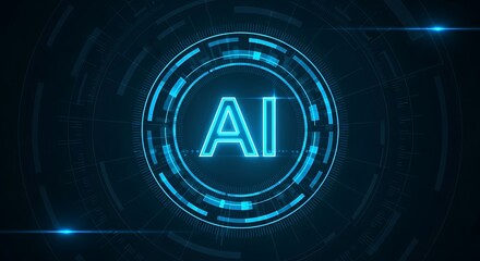 Futuristic ai logo with glowing blue neon effect on a dark technological background, representing artificial intelligence and digital innovation