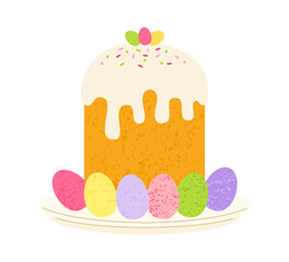 Easter cake and eggs for Happy Easter card, postcard, invitation, poster. Holiday Easter bakery cute sweet bread with icing sweet pastry. Hand drawn vector grainy texture isolated illustration