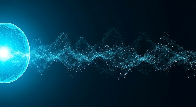 Abstract glowing blue sphere emitting a wave of particles and light against a dark background