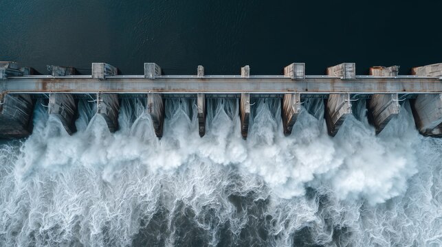 Aerial view of a hydroelectric dam with water discharging rapidly, concept for renewable energy, water management and climate change mitigation