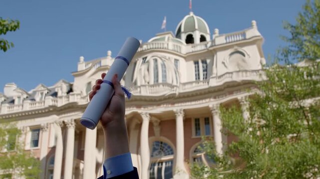 A person holding a diploma in front of a classical building, celebrating graduation. The scene exudes achievement and the culmination of education. Stock Video