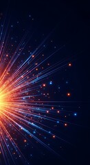 Fototapeta premium Abstract explosion of light and energy, with glowing particles radiating outwards against a dark background, symbolizing data or a cosmic event