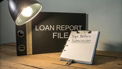 Desk Scene with Loan Report File and Notepad for Signing Before Submission in a Professional Setting