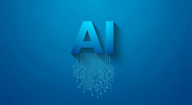 The letters ai are displayed in a bold blue font, casting a shadow on a blue background, with circuit board lines emanating from the bottom