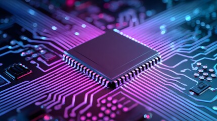 Glowing digital circuit board features a central integrated circuit processor up close