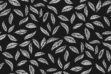 Leaves or feathers abstract seamless pattern on black background. Leafage trendy boundless background. Endless design for paper print, fabric textile, wrapper backdrop template. Vector Illustration.