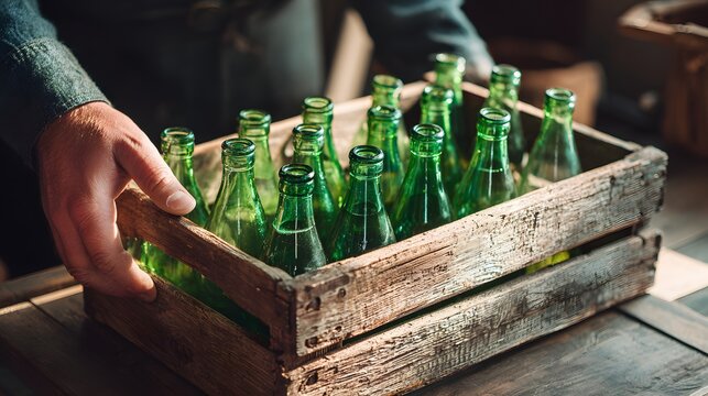 Person carrying wooden crate filled with multiple empty green glass bottles