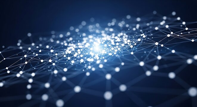 Abstract network of glowing white dots connected by lines on a dark blue background, representing data or connections - Powered by Adobe